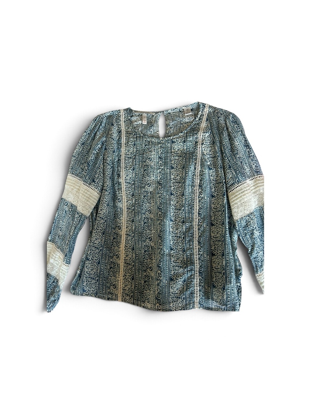 Scotch & Soda Silk & Cotton Blue Patterned Long-Sleeve Peasant Blouse with Cream